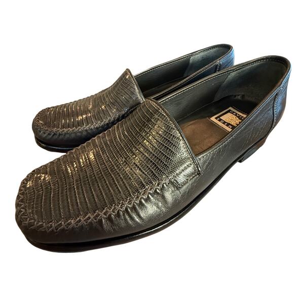 David Eden Handmade Exotic Lizard Leather Loafers DRK Gray Euro Dress Shoes 8-9 - Picture 1 of 9